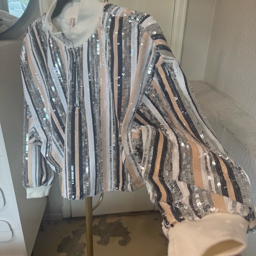 Anthropologie Raga Lunar Half-Zip Sequin Track Jacket w/Cinch Waist - Size Small - Picture 10 of 15